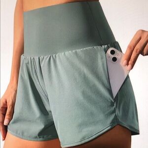 High-Waist Sage Green Women’s Active Shorts with Pocket